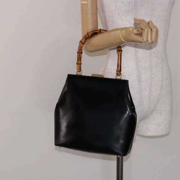 GUCCI Bamboo Hand Bag Leather Black Gold - Picture 1 of 16